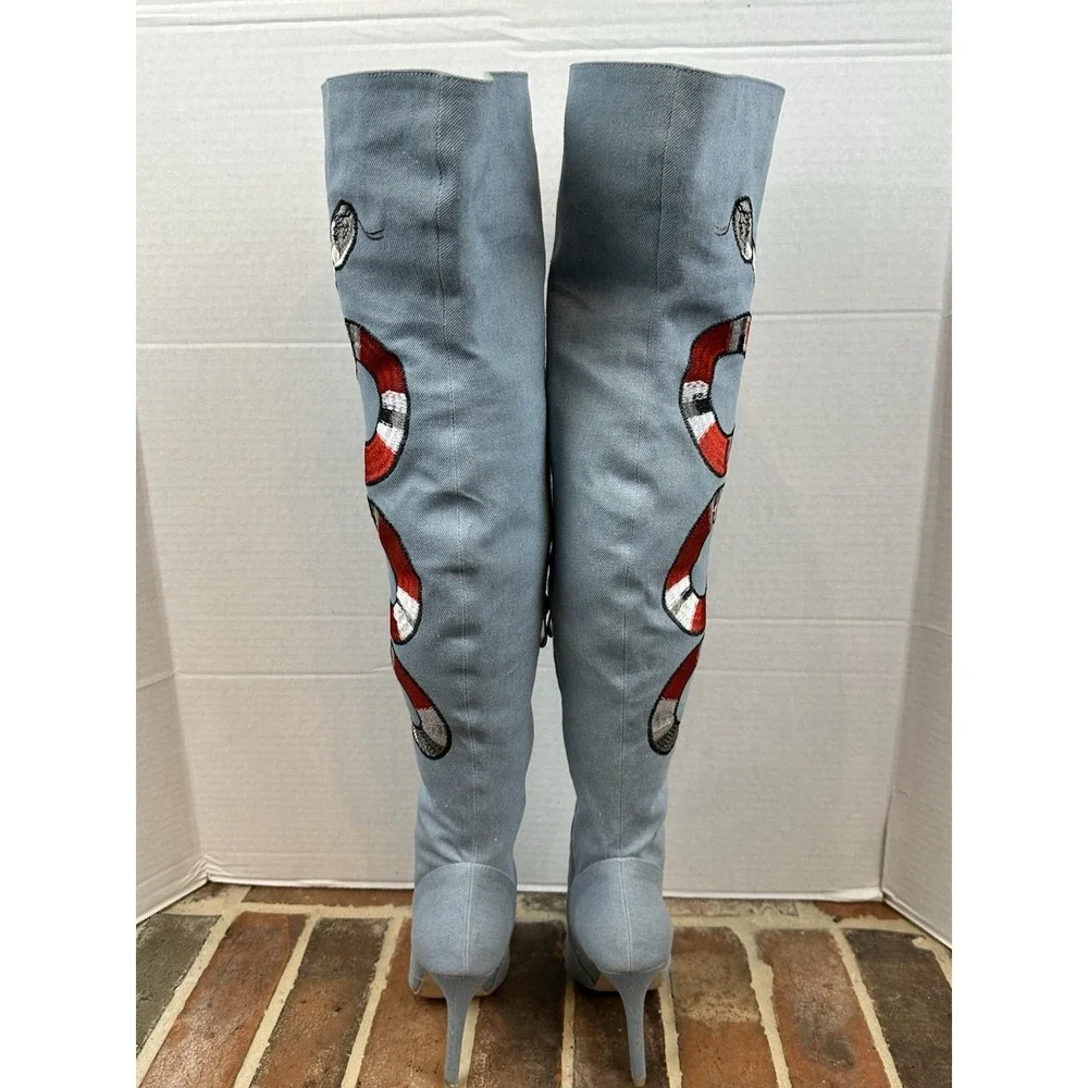Cape Robbin Thigh High Boots Denim Edgy Snake Black Red Pointy Toe Size 5.5